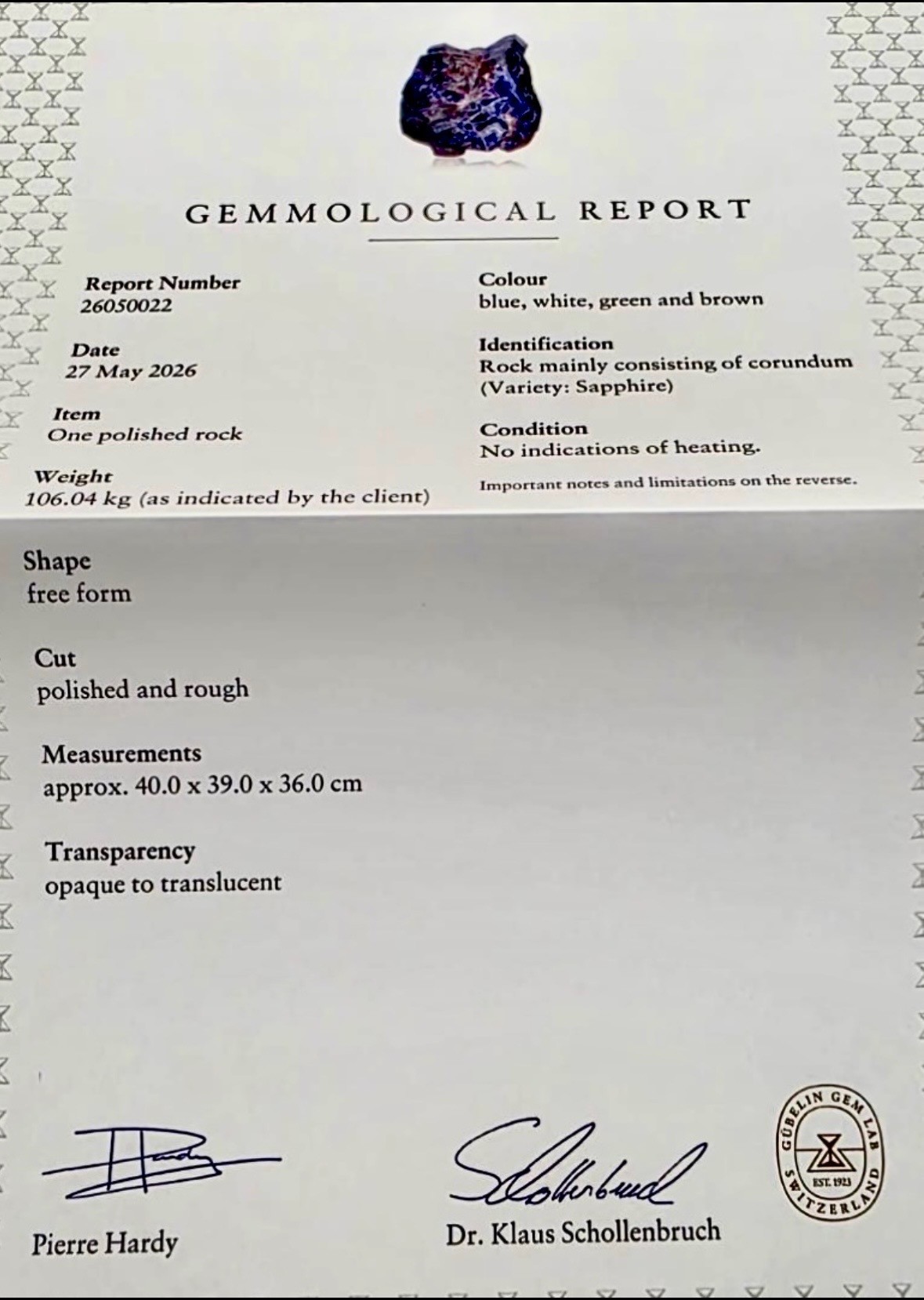 Gübelin Gem Lab report for The Mother