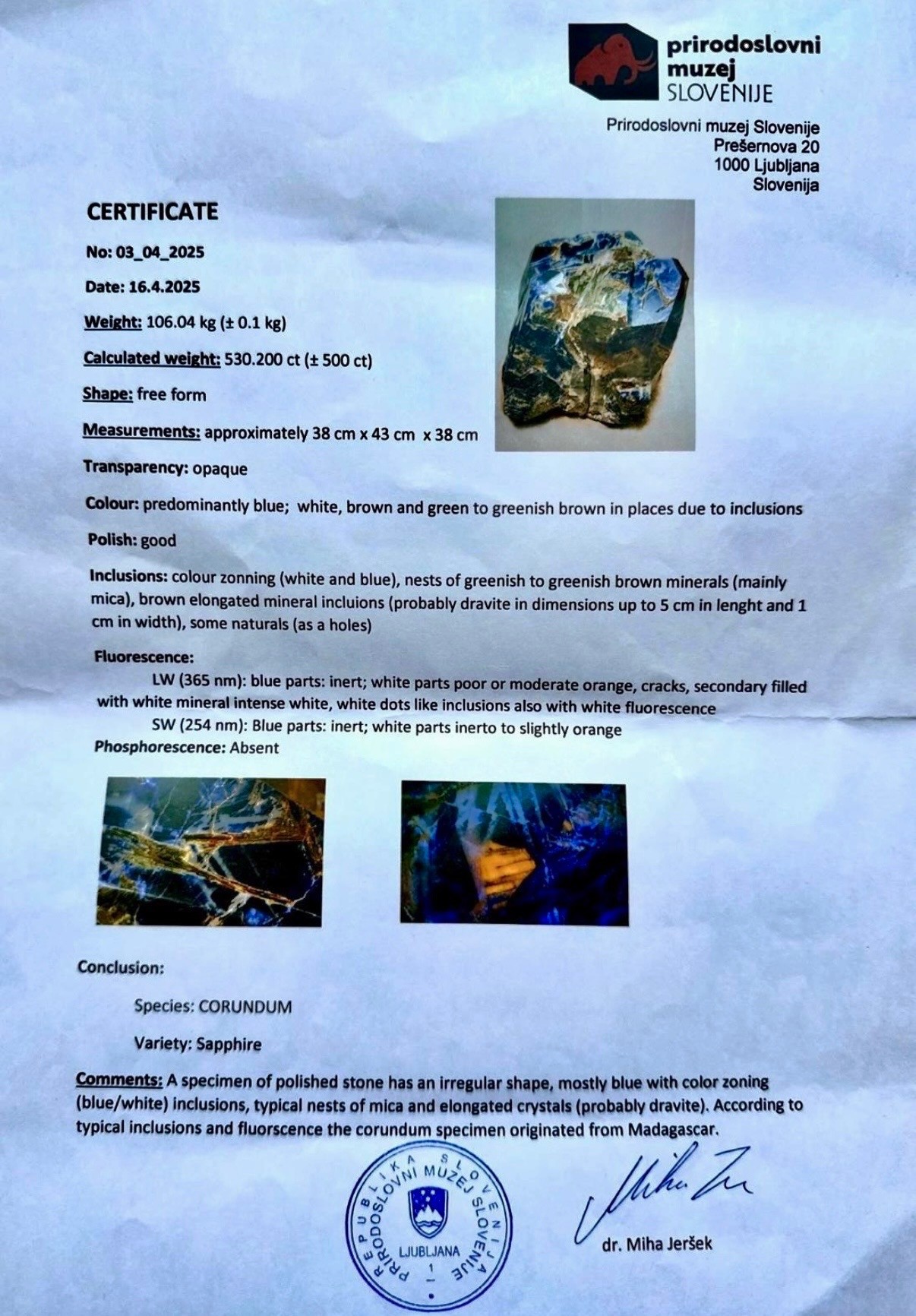 Natural History Museum of Slovenia sapphire certificate